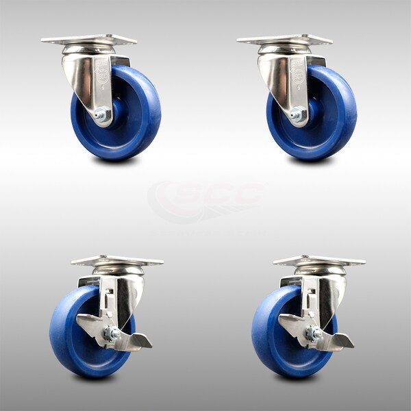 4 Inch 316SS Solid Polyurethane Wheel Swivel Top Plate Caster Brakes SCC, 2PK